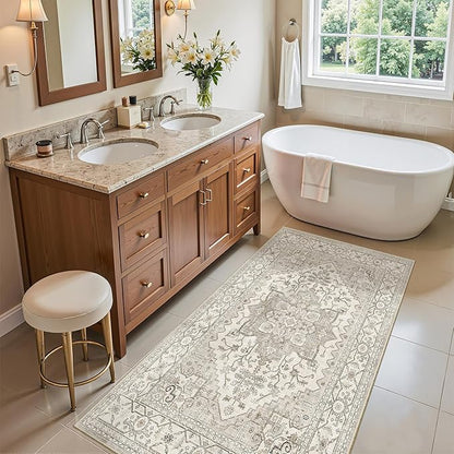 Madane Washable Area Rug 2x4, Small Entryway Rug Non-Slip Vintage Door Mat Indoor Entrance, Low Pile Floor Carpet Runner for Inside Front Door Kitchen Entry Laundry, Beige/Brown