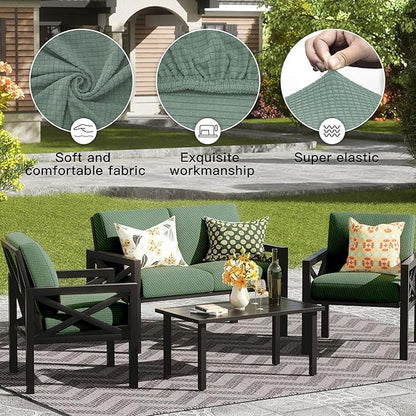 8Pcs Outdoor Cushion Covers, Patio Cushion Covers,Stretch Elastic Slipcovers, Replacement Washable Furniture Protector for Patio Couch,Thick Jacquard Fabric(Matcha Green, Cover Only)