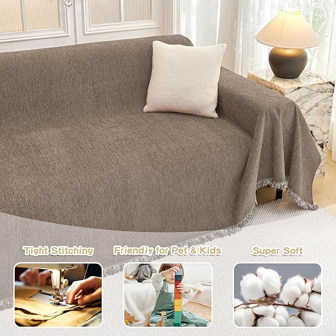 MYSKY HOME Chair Couch Cover Sectional Couch Covers for Pet Sofa Covers Non Slip Soft Couch Sofa Cover, Washable Furniture Protector Sofa Slipcover with Tassel Sofa Throws Living Room, 71"x91", Sand
