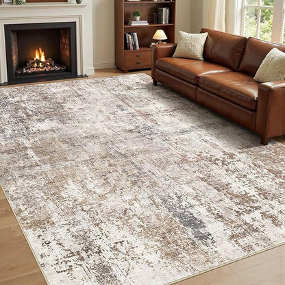 Area Rug Living Room Rugs - Washable Neutral Modern Abstract Soft Thin Rug Indoor Floor No Slip Rug Carpet for Bedroom Under Dining Table Home Office Decor - Brown/Grey/Red - 6x9