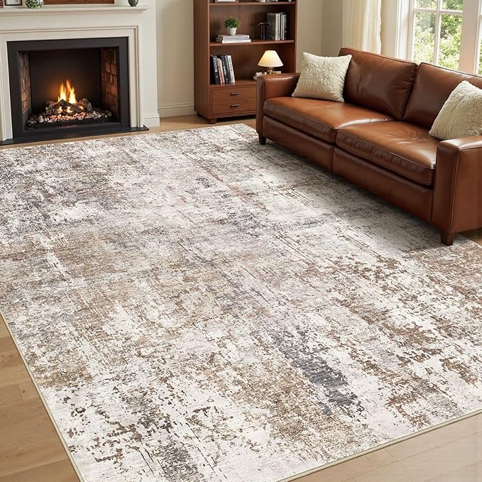 UERMEI 7x9 Area Rug Living Room Rugs - Washable Neutral Modern Abstract Soft Thin Rug Indoor Floor No Slip Rug Carpet for Bedroom Under Dining Table Home Office Decor - Brown/Grey/Red