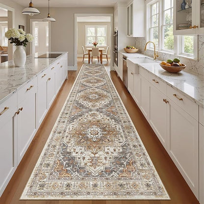 Madane Hallway Runner Rug 2'6''x14', Non Slip Vintage Runners for Hallways Washable Kitchen Rugs Soft Low Pile 2.5x14 ft Rug Runner for Laundry Room, Entryway and Bedroom, Turmeric/Grey