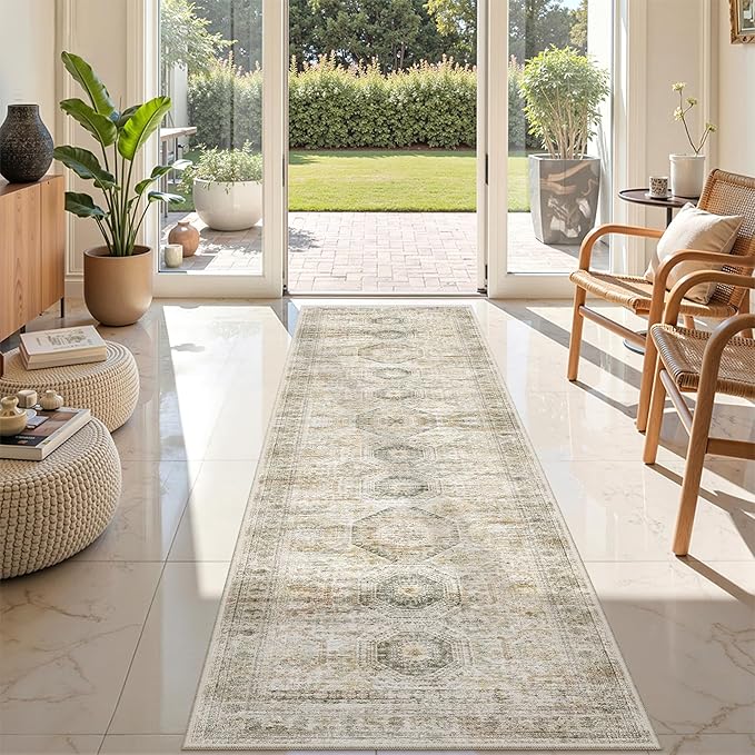 Rug Runners for Hallways Non Slip - 2x8 Runner Rug for Bedroom, Washable Runner with Rubber Backing, Soft Low-Pile Carpet for Kitchen, Laundry, Bathroom (2'x8', Grey/Yellow)