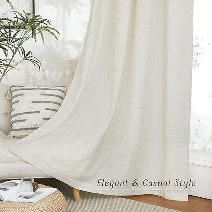 NICETOWN Linen Flax Semi Sheer Curtains 92" Length, Grommet Window Treatments Privacy Added with Light Penetration Vertical Drapes for Loft/Home Office, Natural, W55 x L92, 2 Panels