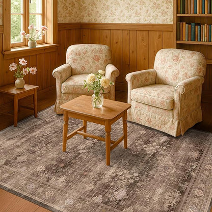 Hazo Haus Taupe Brown 5x8 Rug for Living Room - Vintage Traditional Dark Neutral Geometric, Washable Foldable Non-Slip Area Rugs for Dining Under Table, Home Office, Guest Room