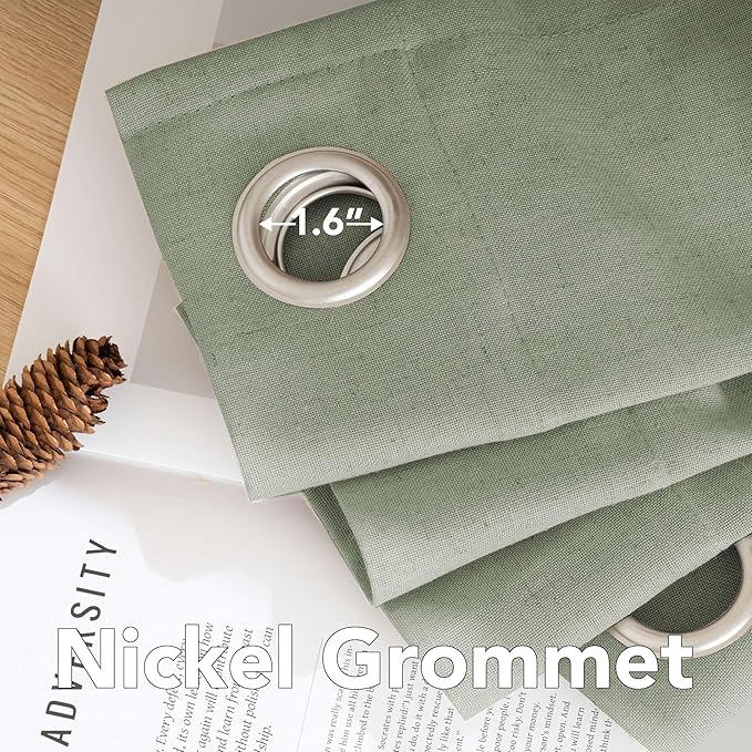 H.VERSAILTEX Living Room Linen Curtains - Semi Sheer, Nickel Grommet, Energy Saving, Light Filtering Window Treatments - Sea Grass, 2 Panels, 52 x 63 Inch