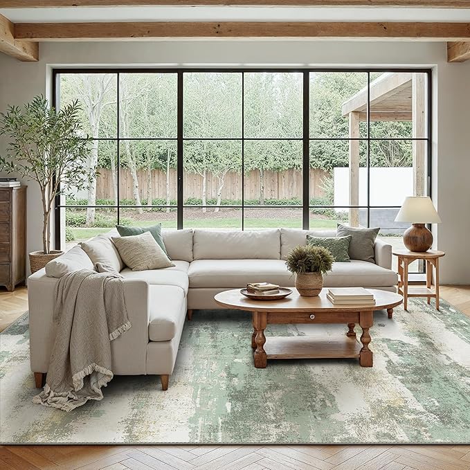 BEIMO Area Rugs 10x14 for Living Room Bedroom, Modern Abstract Machine Washable Large Light Green Rug Soft Rug, Low Pile Floor Carpet with Non Slip Backing for Dining Room