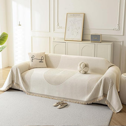 Couch Cover for Dogs, Boho Sofa Covers for 3 Cushion Couch, Chenille Sofa Slipcover for Pets Washable, L-Shape Sectional Couch Loveseat Cover Soft Throw Blankets with Tassels(91x118,Arc Beige)