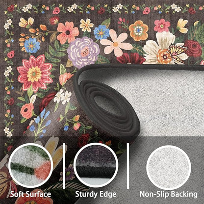 Black/Brown Rug for Hallways Kitchen Rug 2x8, Non Slip Washable Rugs with Rubber Backing Soft Floral Carpet Runner for Hallways, Kitchen, Laundry, Bedroom, Bathroom (2 x 8, Black/Brown)