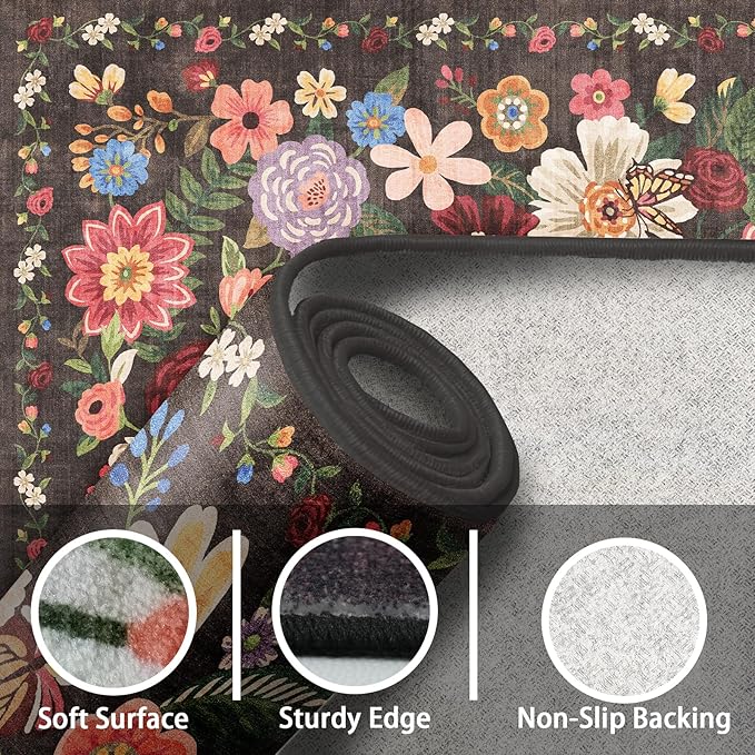 2x4 Entryway Runner Rugs, Non Slip Washable Rugs with Rubber Backing Soft Floral Carpet Runner for Kitchen, Laundry, Bedroom, Bathroom(2 x 4, Black/Brown)