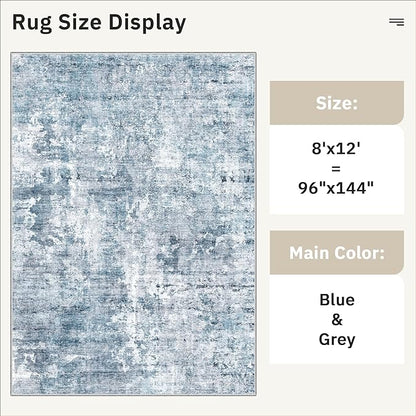 Washable Area Rug 8x12, Large Soft Rugs for Living Room Vintage Blue/Grey Carpet 8x12 Area Rugs for Bedroom Dining Room Non-Slip Stain Resistant Under Table Rug