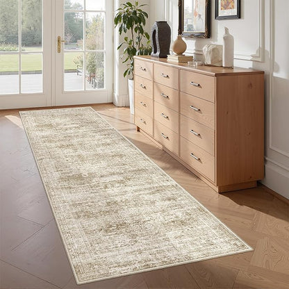 2x5 Rug Runner Washable for Entryway, Soft Bathroom Rugs with Non-Slip Backing, Abstract Low Pile Hallway Runner, Vintage Small Kitchen Carpet for Stair, Laundry Room(2'x5', Brown/Ivory)