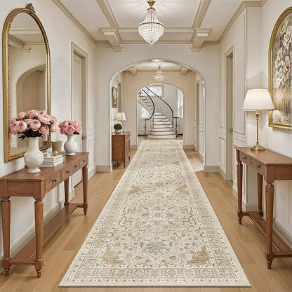 Madane Hallway Runner Rug 3x16 - Vintage Non Slip Washable 16ft Kitchen Runner for Entrance Soft Long Carpet Runners for Living Room Bathroom Low Pile Floor Mat for Bedroom Dining Room, Beige/Blue