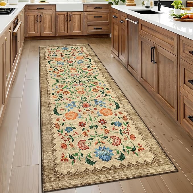 GarveeHome Floral Rug 2x6 Runners for Hallways, Boho Kitchen Runner Rugs Non Slip Bath Runners, Vintage Washable Runner Rug for Bedroom, Soft Long Rugs for Entryway Bathroom Laundry Dorm, Beige