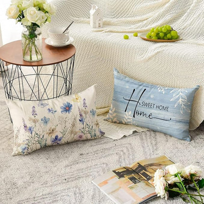 AVOIN colorlife Spring Saying Flowers Butterfly Bird Throw Pillow Covers, 12 x 20 Inch Home Sweet Home Blue Cushion Case for Sofa Couch Set of 4
