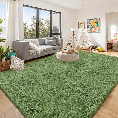 OLANLY 9x12 Machine Washable Large Area Rugs for Living Room, Bedroom, Soft Fluffy Shaggy Bedside Rug, Indoor Floor Carpet for Kids Girls and Boys, Dorms, Nursery, Home Decor Aesthetic, Green