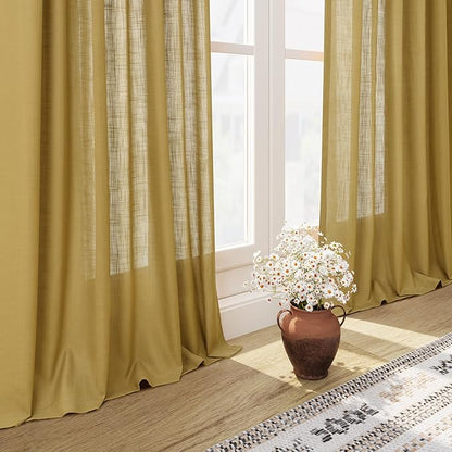 Nanspring Gold Linen Curtains 108 Inches Long for Living Room Bedroom 2 Panels Set Extra Long Back Tab Curtain Light Filtering Sheer Drapes Floor to Ceiling Curtain for Large Windows 52x108