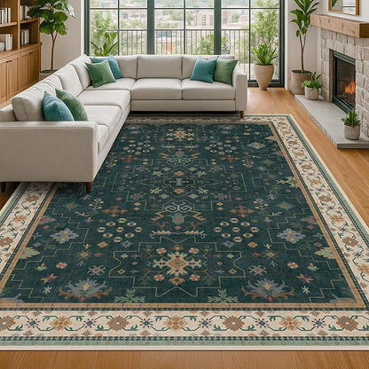 Hazo Haus Dark Green Oushak Living Room Rug 10x12 - Modern Vintage Boho Eclectic Floral Pastel, Washable Low Pile Non-Slip Extra Large Area Rugs for Dining Under Table Bedroom Lounge