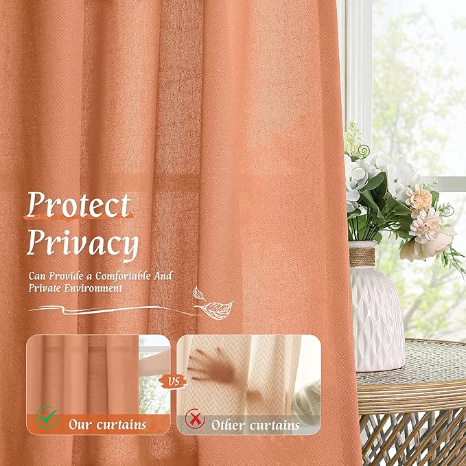 LAMIT Short Linen Curtains 45 Inches Long for Cafe 2 Panels, Terracotta Light Filtering Privacy Panels Rod Pocket Neutral Fall Decor Drapes for Bedroom/Window/Loft Room, 42 x 45 Inch
