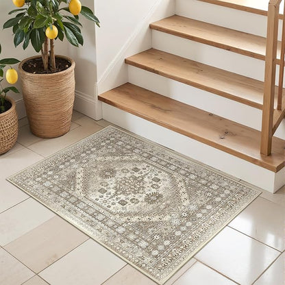Entryway Rug - 2x3 Washable Rug Runner for Bathroom, Laundry Room, Kitchen, Soft Vintage Hallway Runner for Bedroom, Non-Slip Door Mat Indoor Entrance(Brown,2'x3')