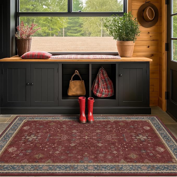 Washable 3x6 Entry Way Rugs Indoor - Burgundy Large Kitchen Rug, Non Slip Unique Bohemian Red Low Pile Thin Carpet for Bedroom Bedside, Foyer