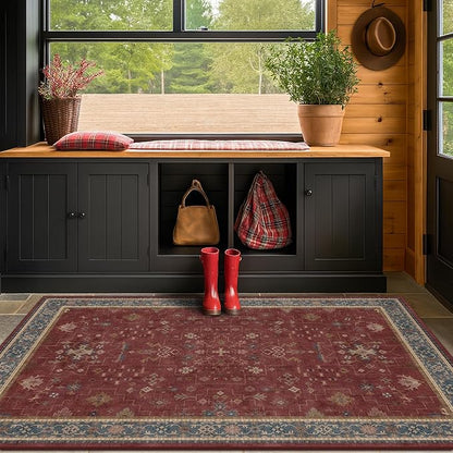 Washable 3x4 Rugs for Entryway - Burgundy Large Kitchen Rug, Non Slip Inside Door Mats for Home Entrance, Unique Bohemian Red Low Pile Thin Carpet for Bedroom Bedside, Foyer