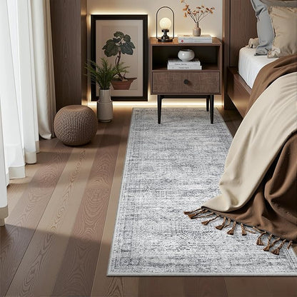 2x5 Rug Runner Washable for Entryway, Soft Bathroom Rugs with Non-Slip Backing, Abstract Low Pile Hallway Runner, Vintage Small Kitchen Carpet for Stair, Laundry Room(2'x5', Grey/Ivory)