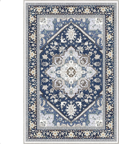 OPPODREAM Soft Area Rugs 4x6, Low-Pile Washable Rugs 4x6 with Non Slip Backing, Faux Cashmere 4 x 6 Throw Carpet, Navy Blue & Gold