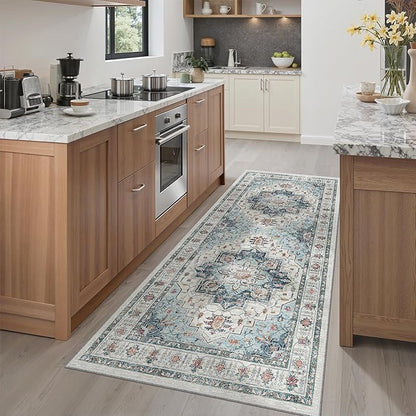 Madane Hallway Runner Rug 3x6 - Washable Kitchen Rugs Entryway Rug Runner Vintage Soft Floor Mat Non Slip Indoor Farmhouse Carpet for Bathroom Living Room Bedroom (3 X 6, Blue)