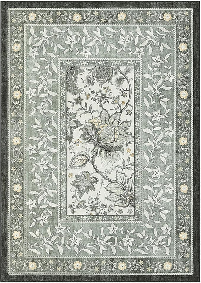 GarveeHome Provence 5x7 Area Rugs, Botanical Grove Soft Cottagecore Non-Slip Washable Rug for Bedroom Living Room Nursery Kitchen Low-Pile Retro Carpet Gray Fog Green