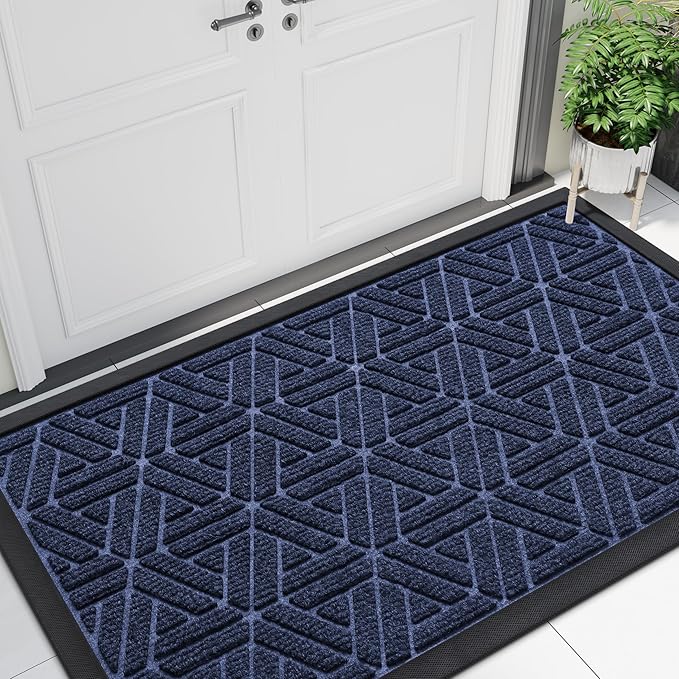 Smiry Front Door Mat Outside Entrance, Heavy Duty Sturdy Natural Rubber Doormat, Trap Dirt and Moisture, Easy Clean Low Profile Mats for Indoor Outdoor Entry, Grid Geometric (47x23, Navy Blue)
