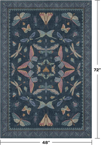 Blue Rugs for Bedroom - 4x6 Washable Area Rug for Large Entryway, Living Room, Kitchen Floor, Dark Whimsical Home Décor, Vintage Low Pile & Soft Non Slip Carpet