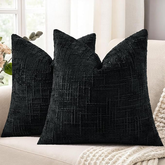 decorUhome Black Chenille Throw Pillow Covers 18x18 Set of 2 Textured Soft Cozy Slubby Couch Pillow Covers Modern Farmhouse Boho Decorative Pillow Cases for Bed Sofa Living Room