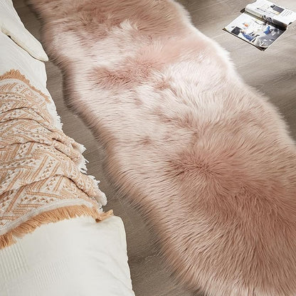 AMTOVO Faux Sheepskin Rug, Pink Ultra Soft Fluffy Shag Area Rug, 2 x 6 ft Faux Fur Rug for Bedroom Sofa Throw Cushion Room Decor, Sheepskin