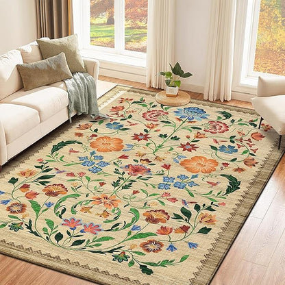 GarveeHome Washable Rug 3x5 Area Rugs for Living Room, Floral Rug for Bedroom, Soft Boho Non Slip Throw Rugs with Rubber Back, Low Pile Stain Resistant Vintage Floral Carpet for Dining Room, Beige
