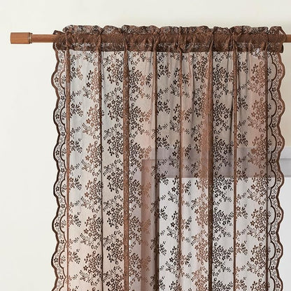 YJ YANJUN Vintage Lace Curtains 54 Inch Length-Brown Kitchen Curtains for Small Window, Victorian Floral Pattern, Light Filtering Voile Sheer Panels for Bedroom Bathroom 52" W x 54" L 2 Panels