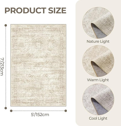 5x7 Area Rugs, Ultra-Thin Washable Rugs for Living Room, Anti-Slip Backing Area Rug for Bedroom, Soft Abstract Vintage Home Decor Rug for Dining Room(5'x7', Beige/Ivory)
