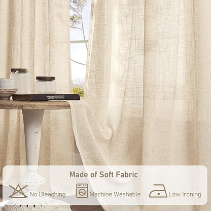 LAMIT Linen Curtains 84 inch Length for Living Room, Light Filtering Semi Sheer Panels Back Tab and Rod Pocket Neutral Drapes for Bedroom, Linen, 2 Panels, 34 x 84 Inch