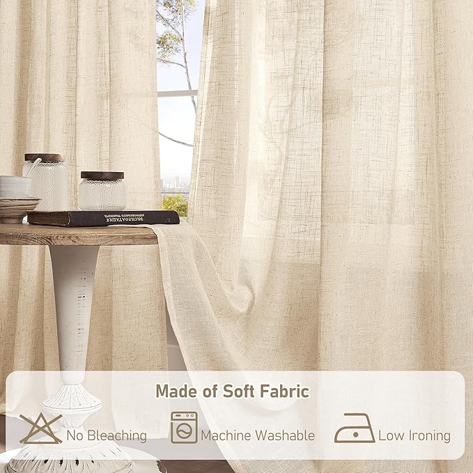 LAMIT 95 Inch Long Linen Curtains for Living Room, Light Filtering Semi Sheer Panels Back Tab and Rod Pocket Neutral Panels for Bedroom/Sliding Glass Door, 60 x 95 Inch, Linen, 2 Panels Set