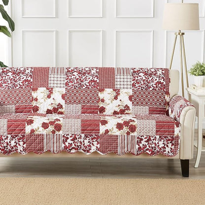 Great Bay Home Reversible Patchwork Sofa Cover - Washable Slipcover Furniture Protector with Elastic Straps - Perfect for Kids & Pets - Box-Stitched Detail (Burgundy)