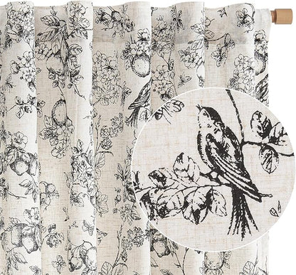 jinchan Linen Floral Curtains for Living Room 96 Inch Length Black Printed Flower Light Filtering French Country Curtain Farmhouse Cottage Core Toile Curtains Back Tab Window Drapes Set 2 Panels