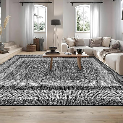 GarveeHome Extra Large Area Rug 10x13 Modern Geometric Rug with Non Slip Rubber Backing, Thin Washable Foldable Carpets, Soft Low Pile Non Shedding Printed Floor Mats for Hotel Office, Black