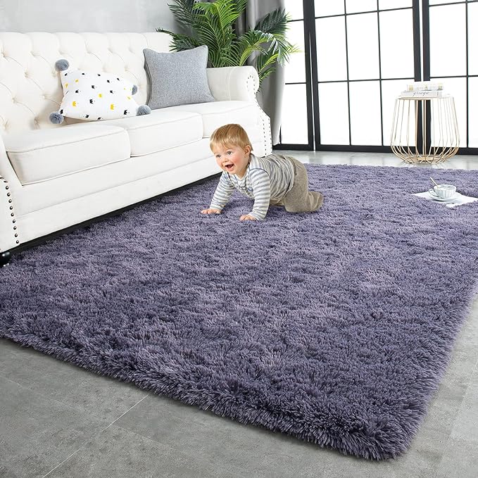 TWINNIS Super Soft Shaggy Rugs Fluffy Carpets 3x5 Feet, Indoor Modern Plush Area Rugs for Living Room Bedroom Kids Room Nursery Home Decor, Upgrade Anti-Skid Rectangular Fuzzy Rug, Grey Purple