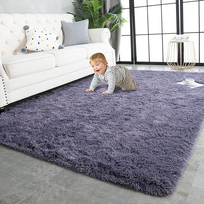 TWINNIS Super Soft Shaggy Rugs Fluffy Carpets 6x9 Feet, Indoor Modern Plush Area Rugs for Living Room Bedroom Kids Room Nursery Home Decor, Upgrade Anti-Skid Rectangular Fuzzy Rug, Grey Purple
