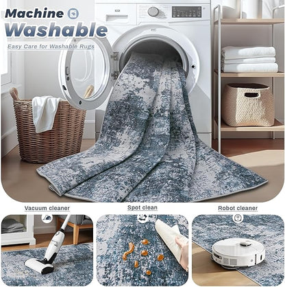Area Rugs 6x9 for Living Room: Washable Rug Modern Abstract Neutral Soft Non-Slip Low-Pile Indoor Carpet for Bedroom Dining Room Playroom Home Office (Blue Grey, 6'x9')