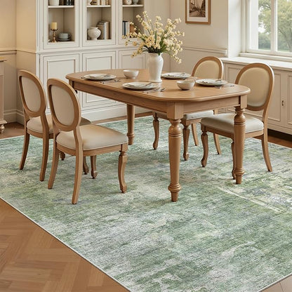 5x8 Area Rugs Green/Ivory Low Pile Indoor Washable Trendy Faded Style Rugs for Bedroom Living Room Dining Room Foldable Non-Slip Thin Print Home Office Mat