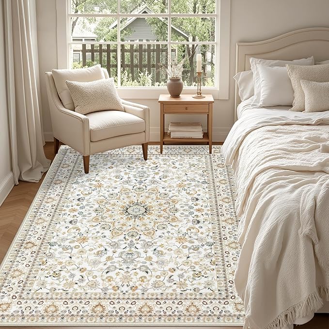 6x9 Area Rugs Living Room Rug: Washable Vintage Boho Rug No Slip Stain Resistant Soft Carpet Indoor Floor Floral Large Carpets for Bedroom Dining Room Farmhouse Nursery Home Office Beige