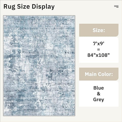 7x9 Area Rug for Living Room Washable Abstract Vintage Soft Thin Indoor Floor Non-Slip Carpet for Bedroom Dining Room Blue Grey