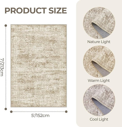 5x7 Area Rugs, Ultra-Thin Washable Rugs for Living Room, Anti-Slip Backing Area Rug for Bedroom, Soft Abstract Vintage Home Decor Rug for Dining Room(5'x7', Brown/Ivory)