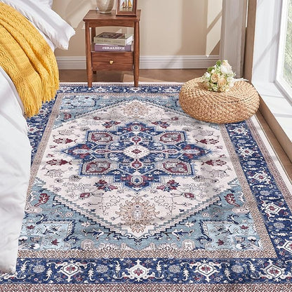 OPPODREAM Soft Area Rugs 3x5, Washable Rugs with Non Slip Backing, Low-Pile Throw 3x5 Carpet, Faux Cashmere 3 x 5 Carpet, Navy Blue & Red & Cream